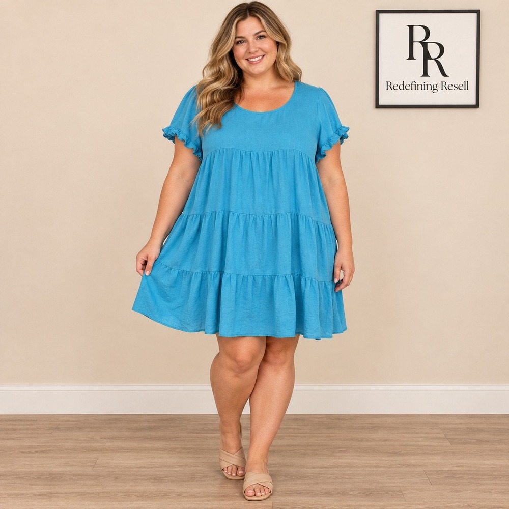 Umgee Plus Blue Linen Blend Tiered Babydoll Mini Dress Ruffle Sleeve 1XL WC2355